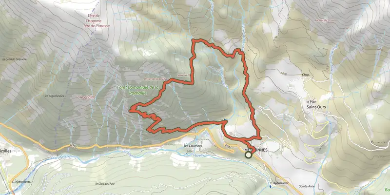 Carte du tracé de Sentier de découverte de la Rochaille sur le Plan IGN, départ et points de passage numérotés