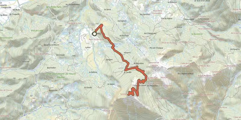 Carte du tracé de Sommet de Couar sur le Plan IGN, départ et points de passage numérotés