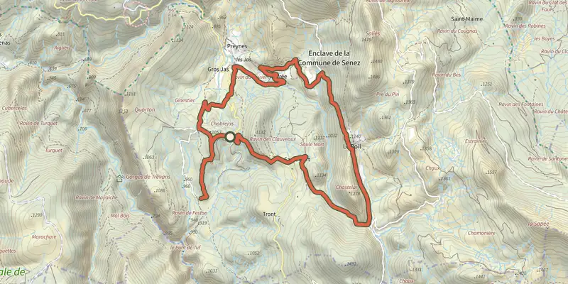 Map of the Hameau du Poil track on the IGN map, with the start and numbered waypoints