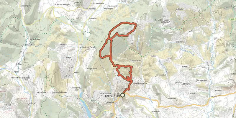 Carte du tracé de Classique du Clot (parcours VTT n°5) sur le Plan IGN, départ et points de passage numérotés