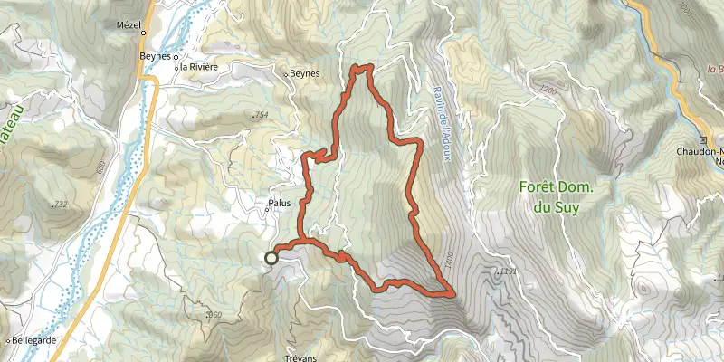 Carte du tracé de Montagne de Beynes sur le Plan IGN, départ et points de passage numérotés