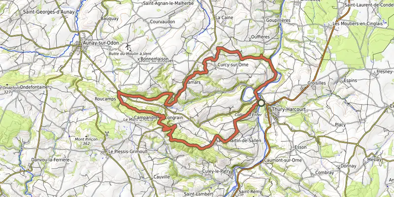 Carte du tracé de Les Bois de Campandré sur OpenTopoMap, départ et points de passage numérotés