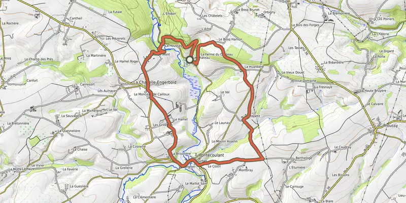Map of the Pontécoulant et la Druance track on OpenTopoMap, with the start and numbered waypoints