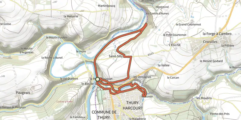 Map of the La vallée du Traspy track on the IGN map, with the start and numbered waypoints