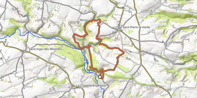 Carte du tracé de Pontécoulant et le Cresme sur le Plan IGN, départ et points de passage numérotés