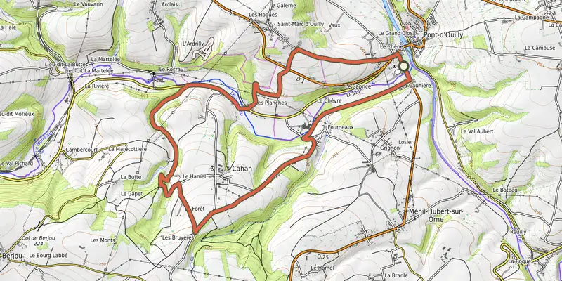 Carte du tracé de Les caprices du Noireau sur OpenTopoMap, départ et points de passage numérotés