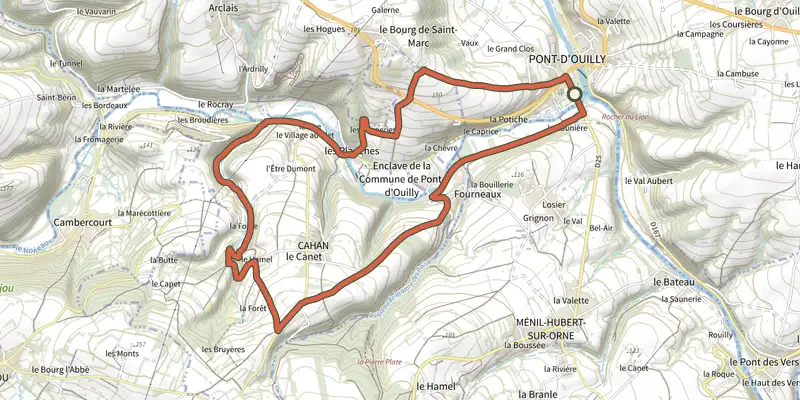Map of the Les caprices du Noireau track on the IGN map, with the start and numbered waypoints