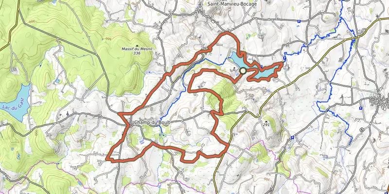 Carte du tracé de Au pays du granite bleu sur OpenTopoMap, départ et points de passage numérotés
