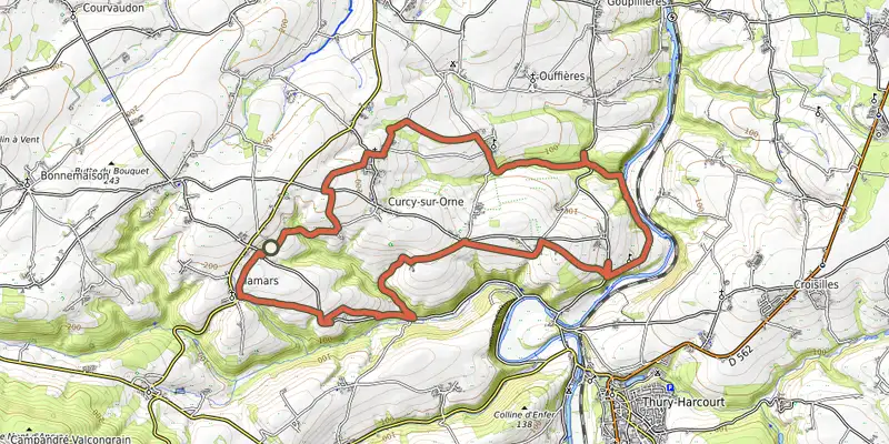 Carte du tracé de Les Hauts de Curcy sur OpenTopoMap, départ et points de passage numérotés