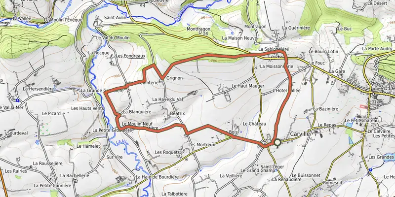 Carte du tracé de Entre bois et vallées sur OpenTopoMap, départ et points de passage numérotés