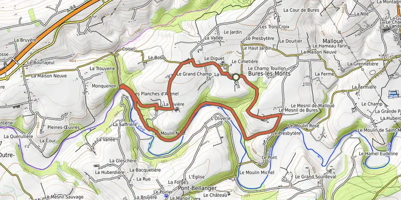 Map of the Les gorges de la Vire track on OpenTopoMap, with the start and numbered waypoints
