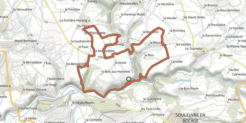 Map of the Du Roucamps à la Souleuvre track on the IGN map, with the start and numbered waypoints