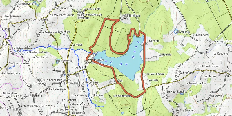 Carte du tracé de Le lac du Gast sur OpenTopoMap, départ et points de passage numérotés
