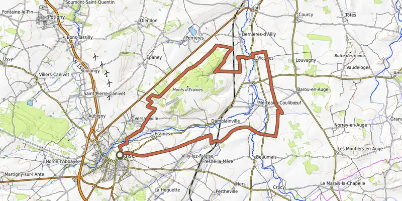 Map of the Circuit du Tour des Monts d'Eraines track on OpenTopoMap, with the start and numbered waypoints