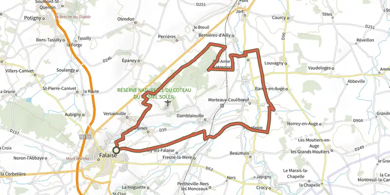 Carte du tracé de Circuit du Tour des Monts d'Eraines sur le Plan IGN, départ et points de passage numérotés