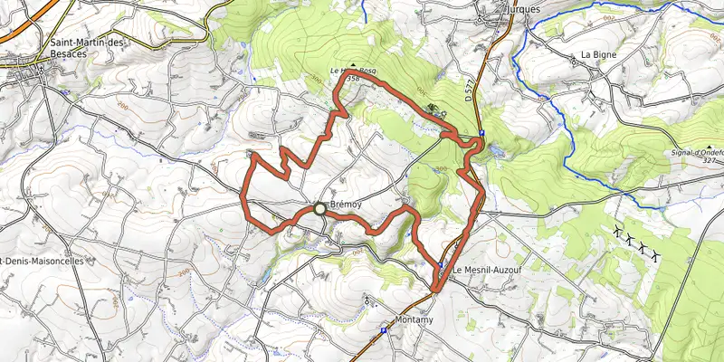 Map of the Le sentier des bruyères track on OpenTopoMap, with the start and numbered waypoints
