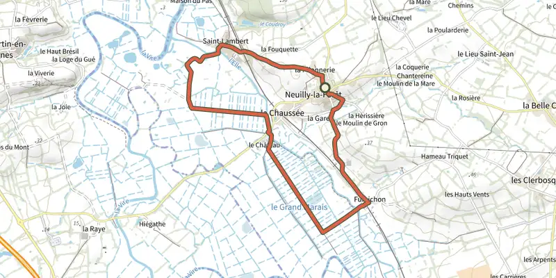 Map of the Les marais de Neuilly track on the IGN map, with the start and numbered waypoints