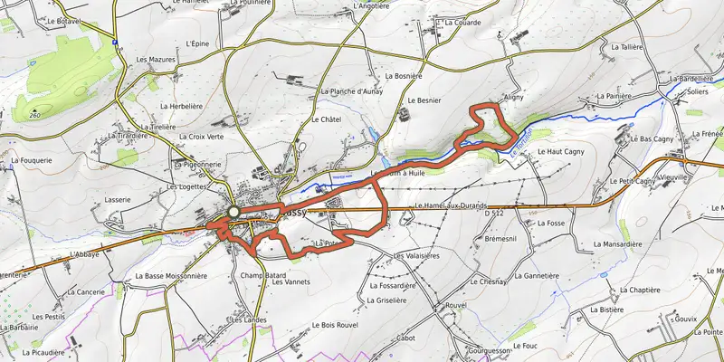 Map of the La vallée du Tortillon track on OpenTopoMap, with the start and numbered waypoints