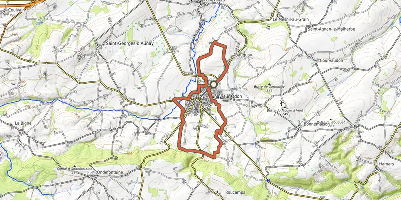 Carte du tracé de L'Echappée Aunaise sur le Plan IGN, départ et points de passage numérotés