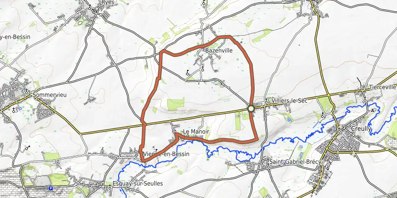 Map of the Les balcons de la Seulles track on OpenTopoMap, with the start and numbered waypoints