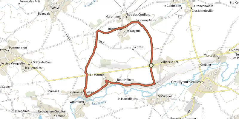 Map of the Les balcons de la Seulles track on the IGN map, with the start and numbered waypoints