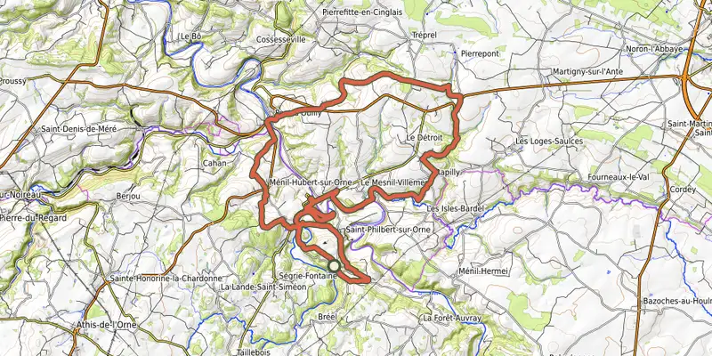 Map of the Circuit de la Roche d'Oëtre track on OpenTopoMap, with the start and numbered waypoints