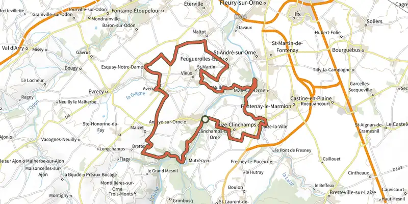 Map of the Gravel Orne Odon 2 track on OpenTopoMap, with the start and numbered waypoints