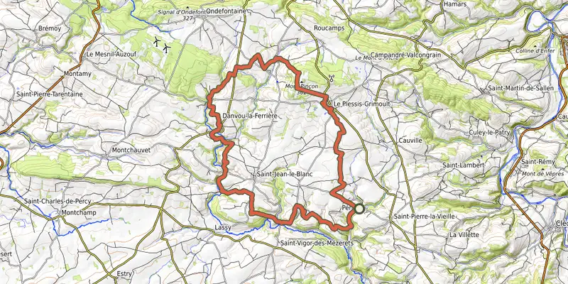 Map of the Au fil de la Druance track on OpenTopoMap, with the start and numbered waypoints