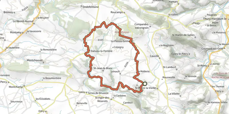 Carte du tracé de Au fil de la Druance sur le Plan IGN, départ et points de passage numérotés