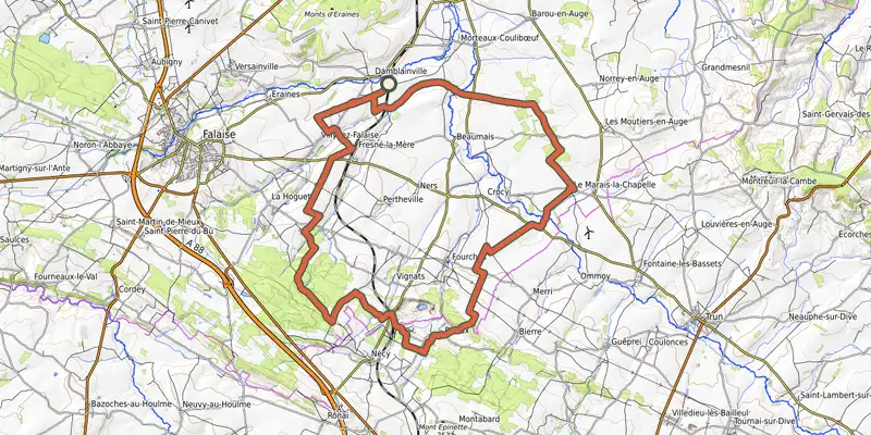 Map of the Le circuit du Cheval de Pierre track on OpenTopoMap, with the start and numbered waypoints