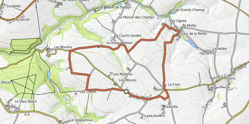 Carte du tracé de De Placy à la Motte sur OpenTopoMap, départ et points de passage numérotés