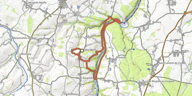 Carte du tracé de Du Pont de Brie au Grand Mesnil sur le Plan IGN, départ et points de passage numérotés