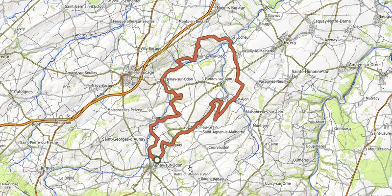 Carte du tracé de le Périple d'Odon sur le Plan IGN, départ et points de passage numérotés