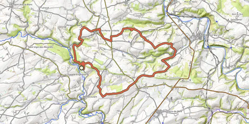 Carte du tracé de Autour du domaine de Pontécoulant sur le Plan IGN, départ et points de passage numérotés