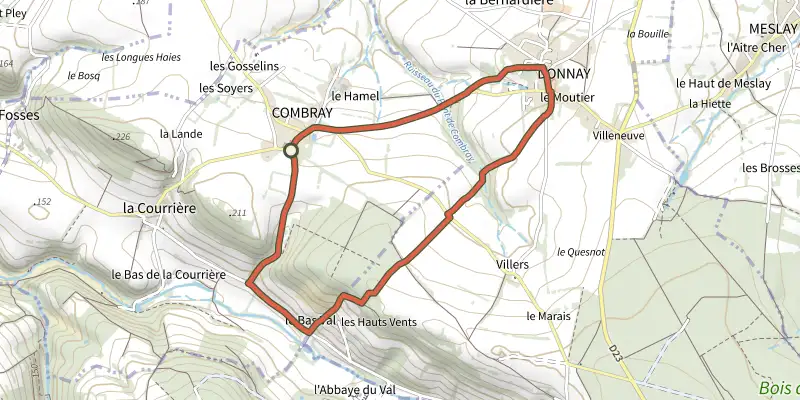 Map of the Le bois de Combray track on the IGN map, with the start and numbered waypoints