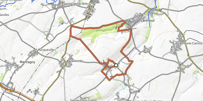 Map of the Des vallons de la Thue à Manneville track on the IGN map, with the start and numbered waypoints