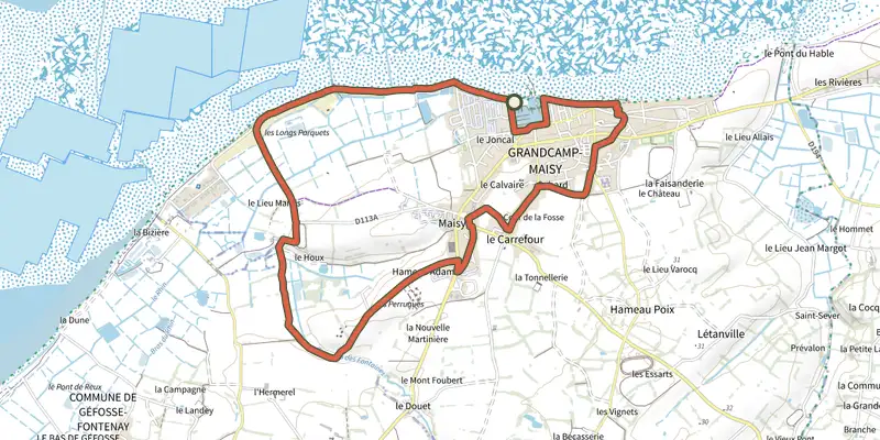 Map of the Le port de la coquille Saint-Jacques track on OpenTopoMap, with the start and numbered waypoints
