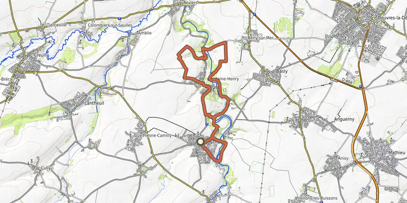 Map of the Sur les rives de la Mue track on the IGN map, with the start and numbered waypoints