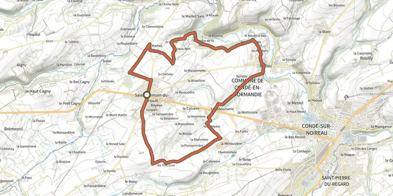 Carte du tracé de La vallée de la Druance sur OpenTopoMap, départ et points de passage numérotés