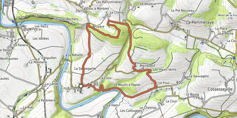 Map of the Le Moulin à papier track on OpenTopoMap, with the start and numbered waypoints