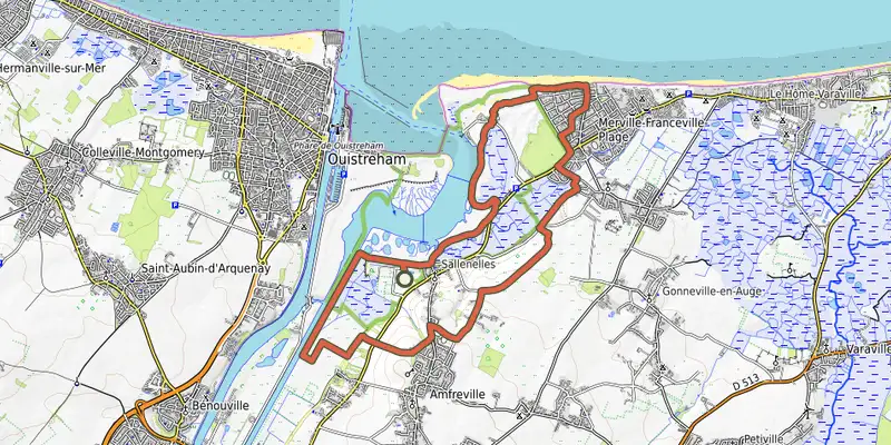 Map of the La baie de Sallenelles track on OpenTopoMap, with the start and numbered waypoints