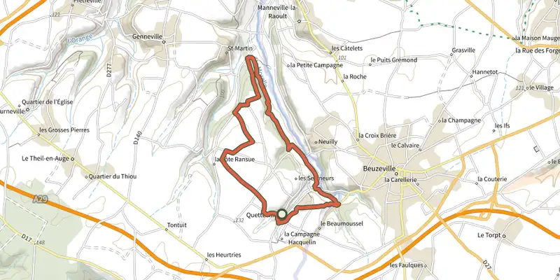 Carte du tracé de La vallée de la Morelle sur le Plan IGN, départ et points de passage numérotés