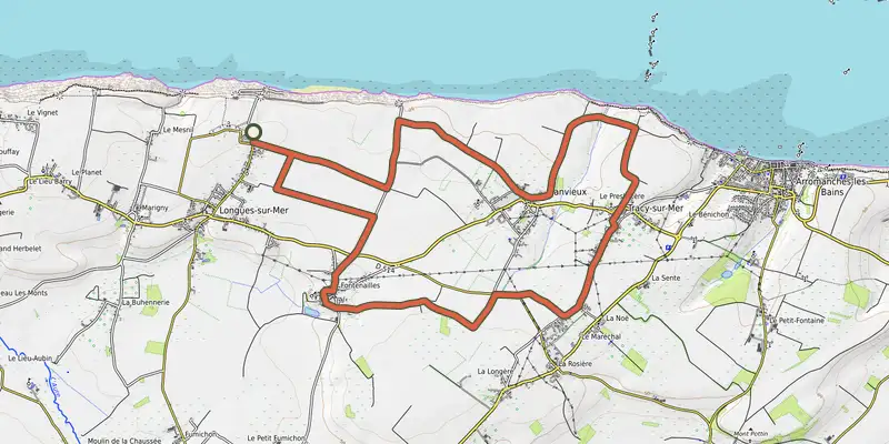 Map of the De la batterie de Longues au cap Manvieux track on the IGN map, with the start and numbered waypoints