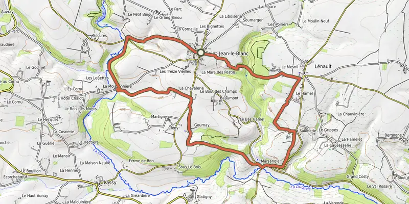 Map of the Balade en Terres de Druance track on OpenTopoMap, with the start and numbered waypoints