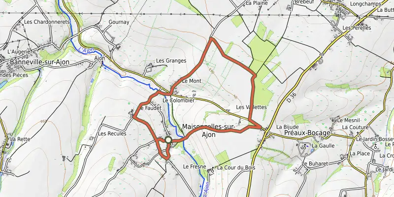 Map of the Aux gués de Maisoncelles track on OpenTopoMap, with the start and numbered waypoints