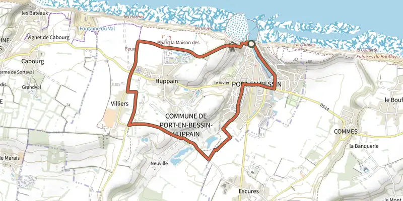 Carte du tracé de Autour de Port-en-Bessin-Huppain sur le Plan IGN, départ et points de passage numérotés