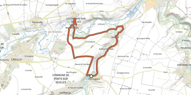 Map of the Sur les pas des carriers et des meuniers track on the IGN map, with the start and numbered waypoints