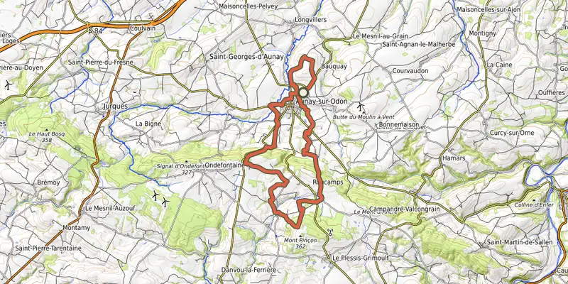 Carte du tracé de les Monts d'Aunay sur le Plan IGN, départ et points de passage numérotés