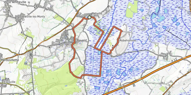 Map of the les marais et l'île de Robehomme track on OpenTopoMap, with the start and numbered waypoints