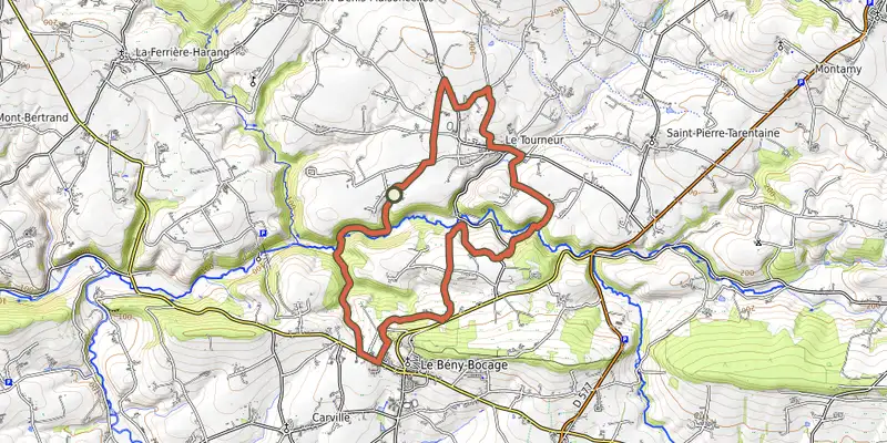 Map of the Le circuit des lavoirs track on OpenTopoMap, with the start and numbered waypoints